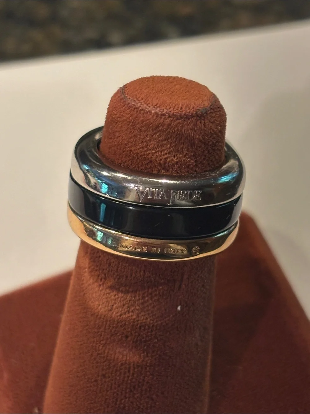 Vita Fede Two Tone Silver Gold  Ring with Black Inlay 6 Made in Italy